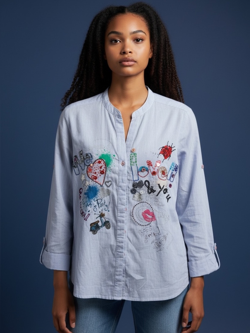 Desigual Light Blue Embroidered Button-Front Shirt